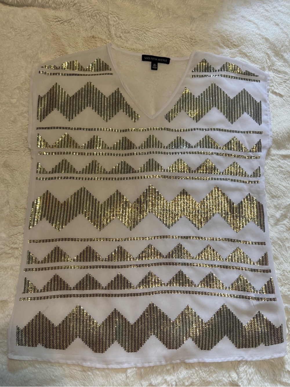 Saks Fifth Avenue White V-Neck Top with Gold Sequin Chevron
